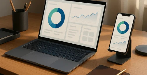 Office still life with laptop and abstract portfolio tracker visuals