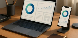 Office still life with laptop and abstract portfolio tracker visuals