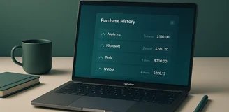 Office still life with laptop and abstract transaction history visuals