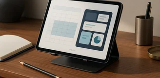 Office still life with tablet and abstract comparison dashboard visuals